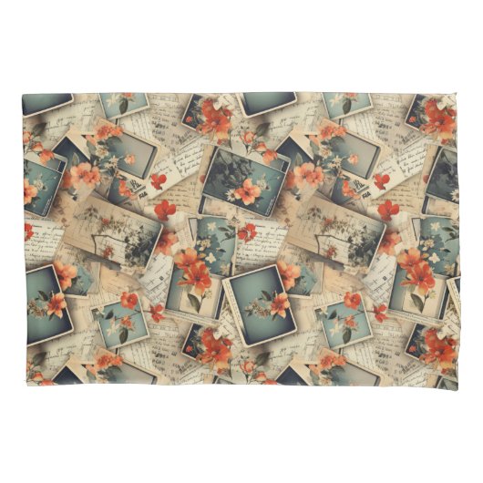 ヴィンテージフローラスクラップブックパターン 枕カバー (正面左)