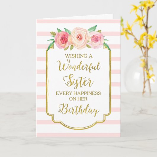 ヴィンテージフローラストライプピンク誕生日カード カード (黄色い花)