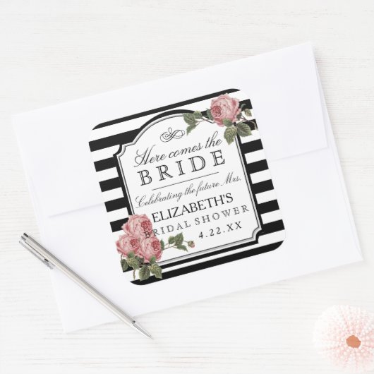 ヴィンテージフローラストライプブライダルシャワー優先 スクエアシール (封筒)