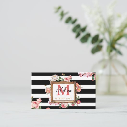 ヴィンテージフローラストライプメイクアップアーティスト美しいサロン 名刺 (スタンド正面)