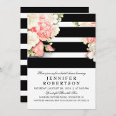 ヴィンテージフローラストライプ白黒ブライダルシャワー 招待状 (正面/裏面)