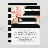 ヴィンテージフローラストライプ白黒結婚ズ 招待状 (正面/裏面)