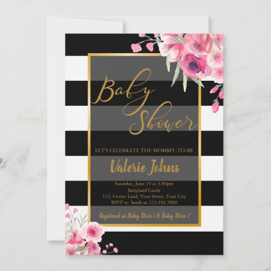 ヴィンテージフローラストライプ白黒 招待状 (正面)