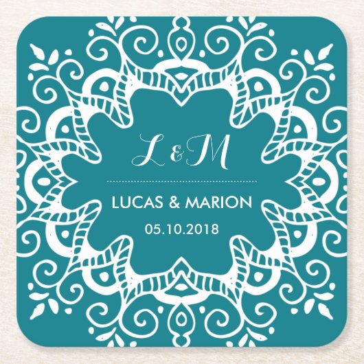 ヴィンテージフローラスワールアートオーナメントウェディングパーティー スクエアペーパーコースター (正面)