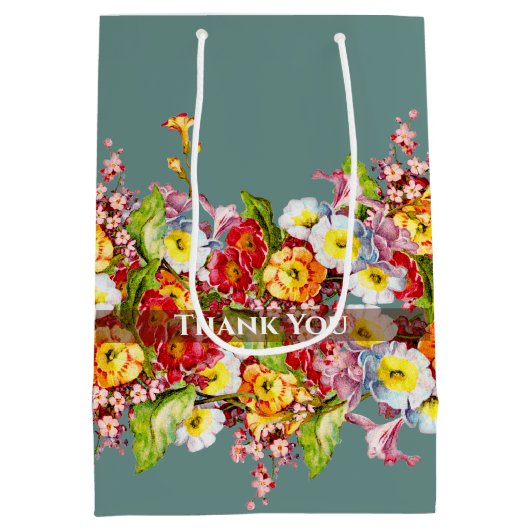 ヴィンテージフローラセージグリーン春プリムローズエレガント ミディアムペーパーバッグ (裏面)