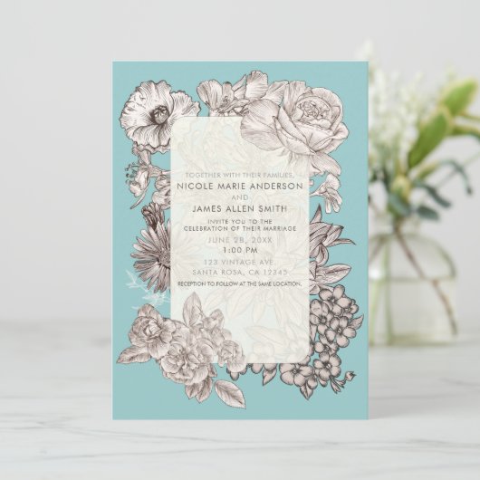 ヴィンテージフローラターコイズブモダンルー結婚ズ 招待状 (スタンド正面)
