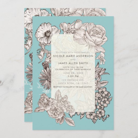 ヴィンテージフローラターコイズブモダンルー結婚ズ 招待状 (正面/裏面)