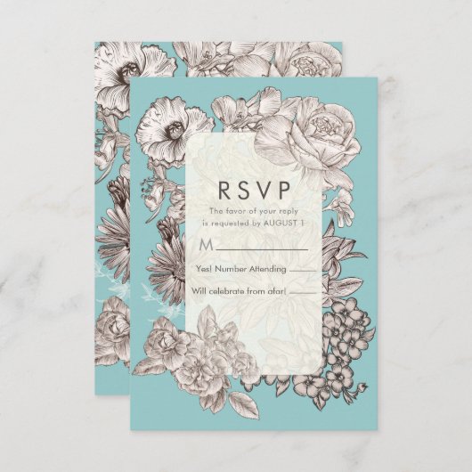 ヴィンテージフローラターコイズブルーウェディングRSVP返信私 招待状 (正面/裏面)
