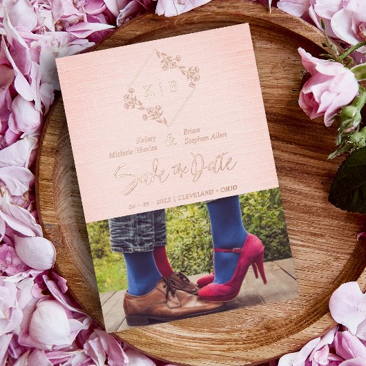 ヴィンテージフローラダイヤモンドフォトピンク繊維効果 箔招待状