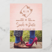 ヴィンテージフローラダイヤモンドフォトピンク繊維効果 箔招待状 (正面)