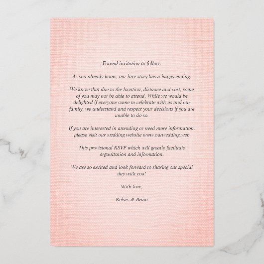 ヴィンテージフローラダイヤモンドフォトピンク繊維効果 箔招待状 (裏面)