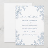 ヴィンテージフローラダスティブルーウェディング日付を保存 セーブザデート (正面/裏面)