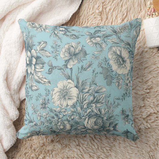 ヴィンテージフローラダスティブルーフラワーボタニカル クッション (ブランケット)