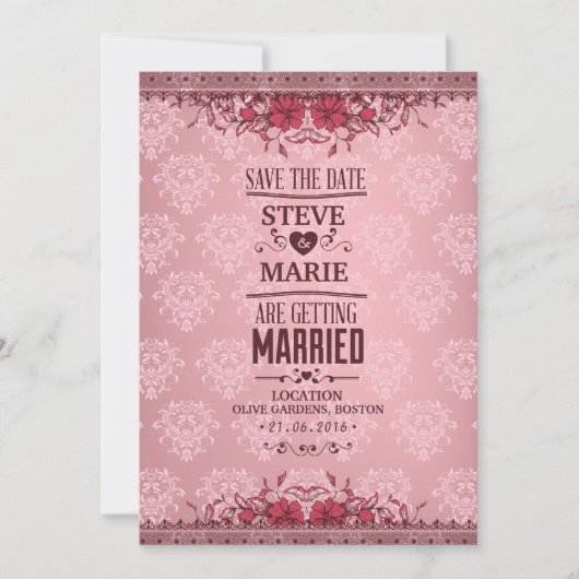 ヴィンテージフローラダマスクウェディング招待状 招待状 (正面)