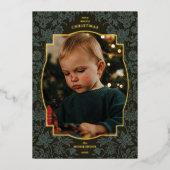 ヴィンテージフローラダークグリーンのクリスマスフォト 箔シーズンカード (正面)