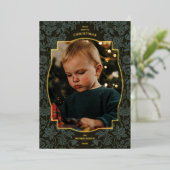 ヴィンテージフローラダークグリーンのクリスマスフォト 箔シーズンカード (立ち正面)