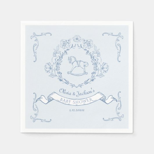 ヴィンテージフローラチノイスリートイレベビーシャワーブルー スタンダードカクテルナプキン (正面)