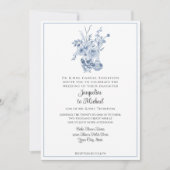ヴィンテージフローラチャイノアセリーホワイトとブルー結婚ズ 招待状 (正面)