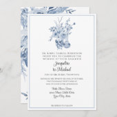 ヴィンテージフローラチャイノアセリーホワイトとブルー結婚ズ 招待状 (正面/裏面)