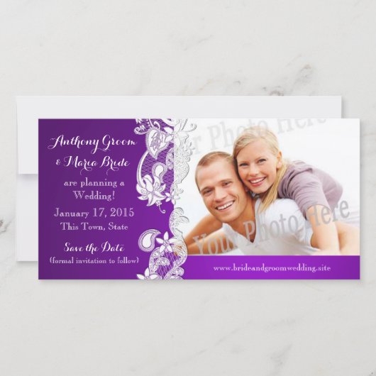 ヴィンテージフローラデザインパープル日付写真を保存 セーブザデート (正面)