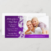 ヴィンテージフローラデザインパープル日付写真を保存 セーブザデート (正面/裏面)