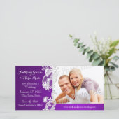 ヴィンテージフローラデザインパープル日付写真を保存 セーブザデート (スタンド正面)