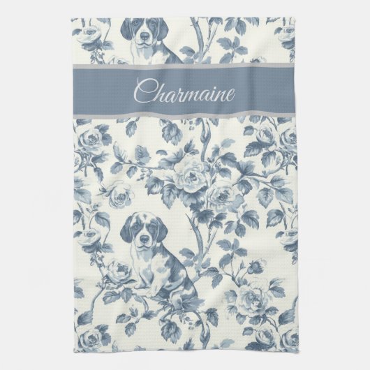 ヴィンテージフローラドッグパターン名前をカスタムする キッチンタオル (縦)