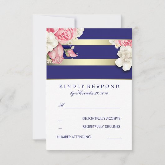 ヴィンテージフローラネイビーと金ゴールドウェディングRSVP 出欠カード (正面)