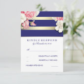 ヴィンテージフローラネイビーと金ゴールドウェディングRSVP 出欠カード (スタンド正面)