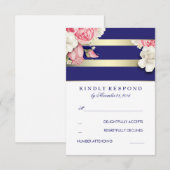 ヴィンテージフローラネイビーと金ゴールドウェディングRSVP 出欠カード (正面/裏面)