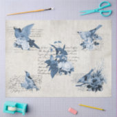 ヴィンテージフローラネイビーブルーバードアンティークデコページ 薄葉紙 (クラフト)