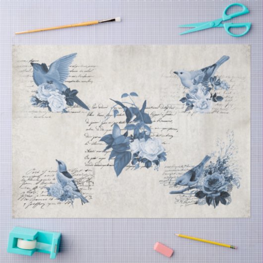 ヴィンテージフローラネイビーブルーバードアンティークデコページ 薄葉紙 (クラフト)