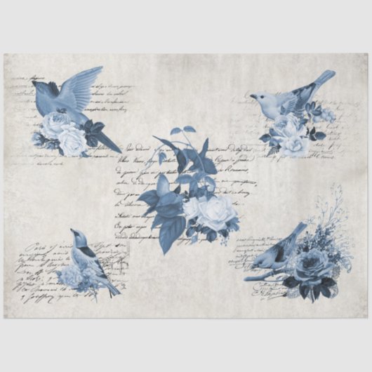 ヴィンテージフローラネイビーブルーバードアンティークデコページ 薄葉紙 (正面)