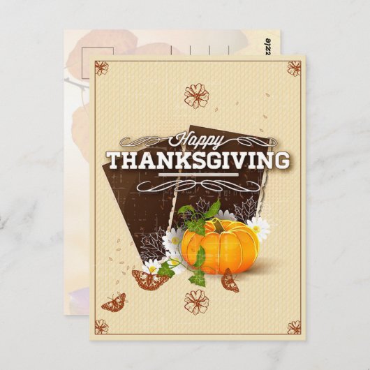 ヴィンテージフローラハッピーサンクスギビングカボチャ秋 ポストカード (正面/裏面)