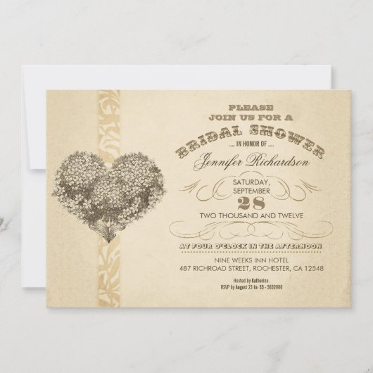 ヴィンテージフローラハートの古いブライダルシャワー招待状 招待状 (正面)