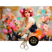 ヴィンテージフローラバイクもしくは自転車に乗る人女性のデコパージュ 薄葉紙