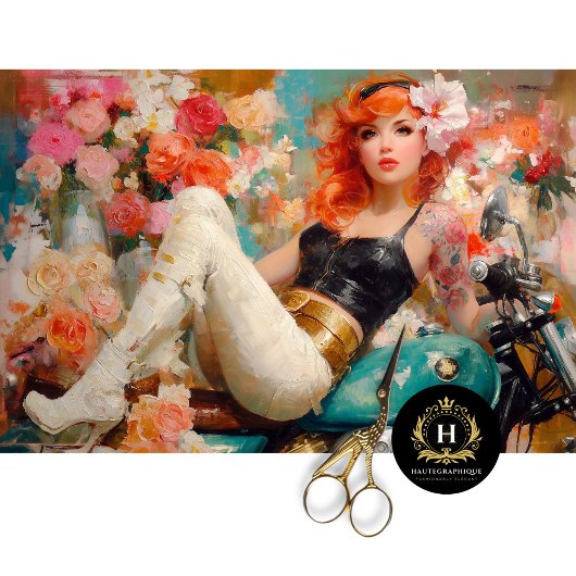 ヴィンテージフローラバイクもしくは自転車に乗る人女性のデコパージュ 薄葉紙