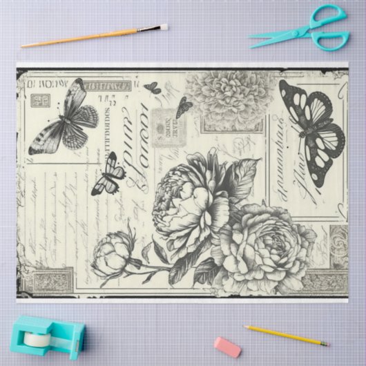 ヴィンテージフローラバタフライ白黒for artist 薄葉紙 (クラフト)