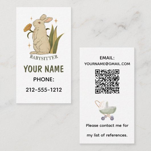 ヴィンテージフローラバニーラビットベビーシッターQRコード 名刺 (正面/裏面)