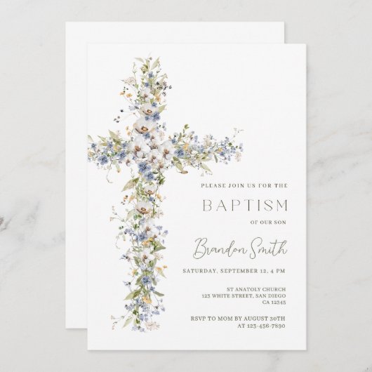 ヴィンテージフローラバプテスマ招待状ボーイフラワー 招待状 (正面/裏面)