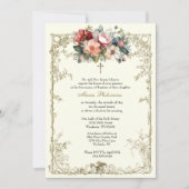 ヴィンテージフローラバプテスマ《キリスト教》洗礼式や命名式金ゴールドクロス 招待状 (正面)