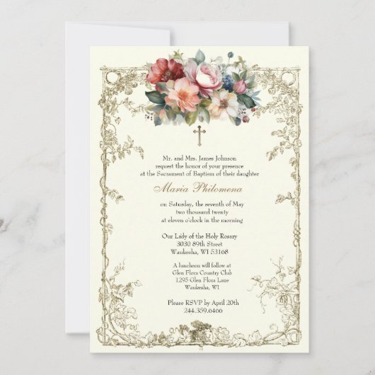 ヴィンテージフローラバプテスマ《キリスト教》洗礼式や命名式金ゴールドクロス 招待状 (正面)