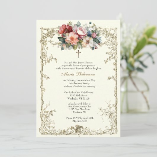 ヴィンテージフローラバプテスマ《キリスト教》洗礼式や命名式金ゴールドクロス 招待状 (スタンド正面)