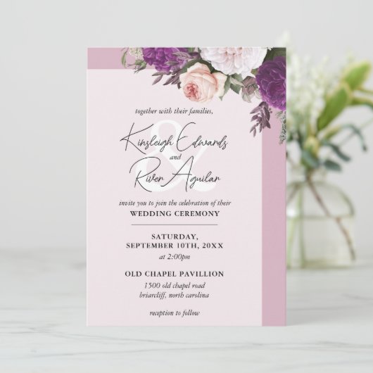 ヴィンテージフローラバラとDusty Mauveフォト結婚ズ 招待状 (スタンド正面)