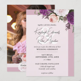 ヴィンテージフローラバラとDusty Mauveフォト結婚ズ 招待状