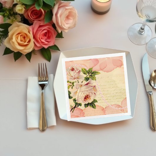 ヴィンテージフローラバラアンティーク手書き分離 スタンダードカクテルナプキン