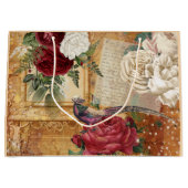 ヴィンテージフローラバラグリッター文字スクリプト ラージペーパーバッグ (正面)