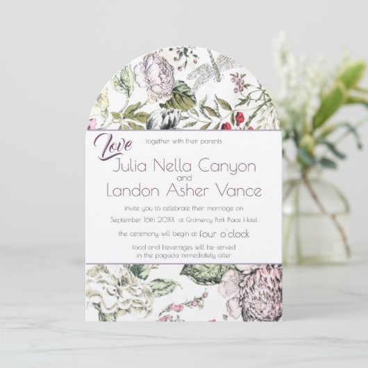 ヴィンテージフローラバラトンボ赤パープル結婚ズ 招待状 (スタンド正面)