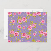 ヴィンテージフローラバラピンクパープルパターン ポストカード (正面/裏面)