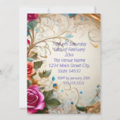 ヴィンテージフローラバラブルー金ゴールドピンク誕生日パーティー 招待状 (裏面)